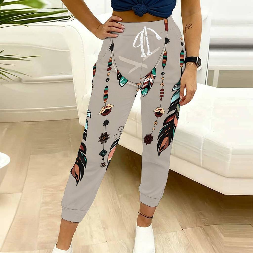 Summer Ladies Retro Flower Printed Sweatpants Loose Fit Drawstring Joggers Elastic Cuff Daily Casual Pants
