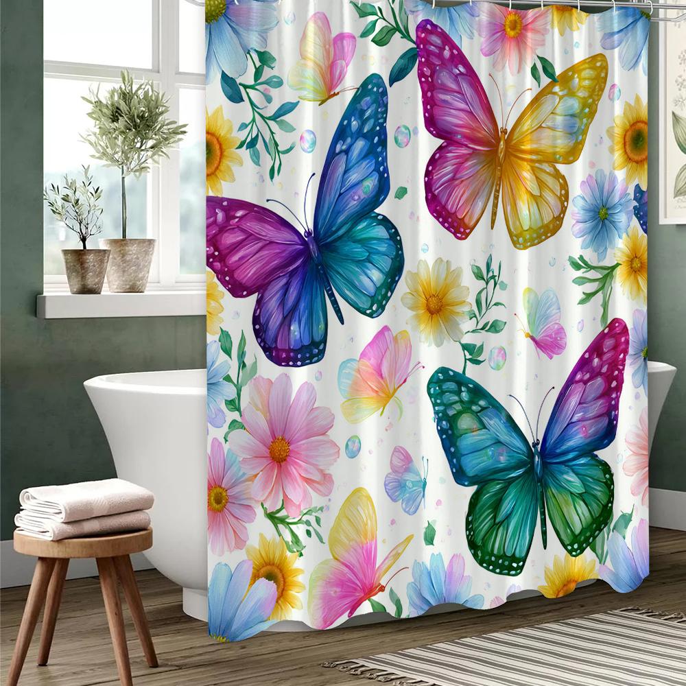 1 pc Colorful Flowers and Butterflies Print Shower Curtains With Hooks Bathroom Curtain Home Decoration Curtain Machine Washable