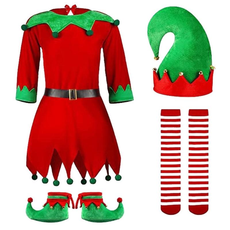 Children Elf Costumes, Boys/Girls Santas Little Helper Christmas Elf Cosplay Set Including Elf Hat, Shoes, Socks, Dress, 130cm