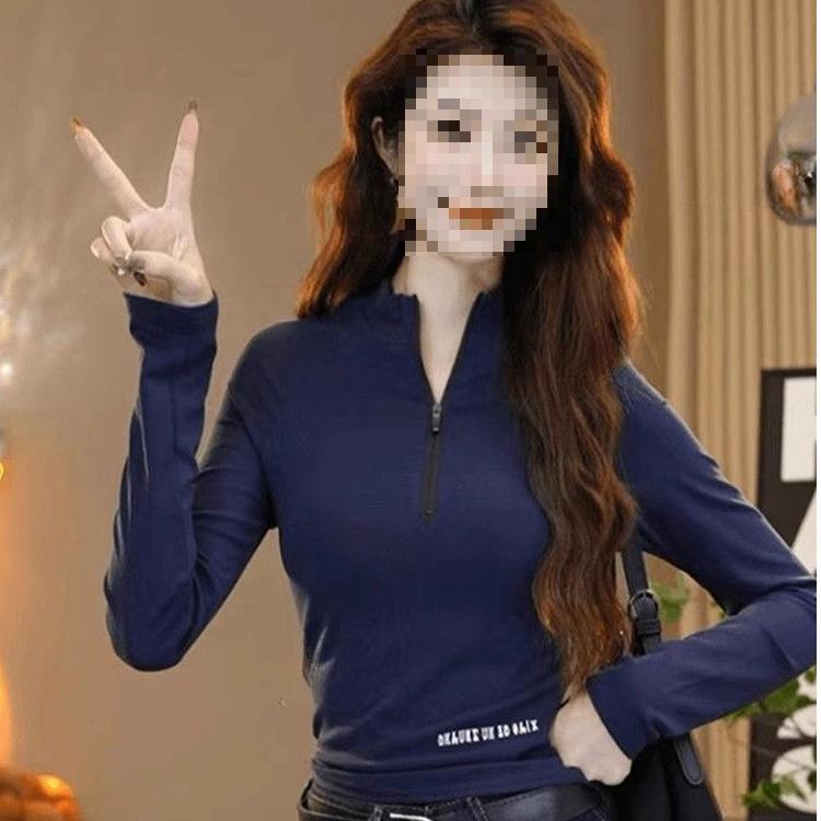 

Zippered High-Collar Letter Print Base Layer T-shirt - New Autumn/Winter 2026 Slim Fit Stretchy Top M