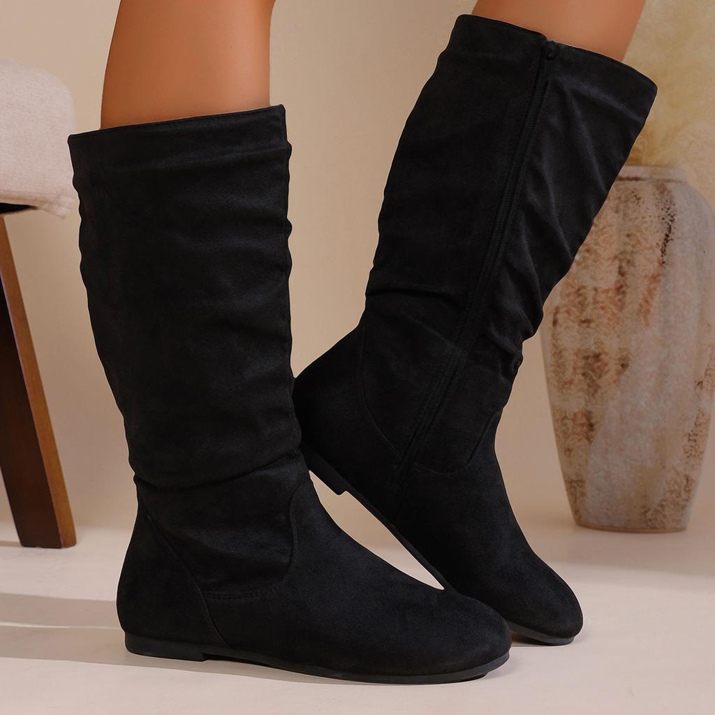 Women's Boots Side Zipper Mid Calf Boots Fashion Outdoor Suede Casual Shoes Round Toe Flat Boots