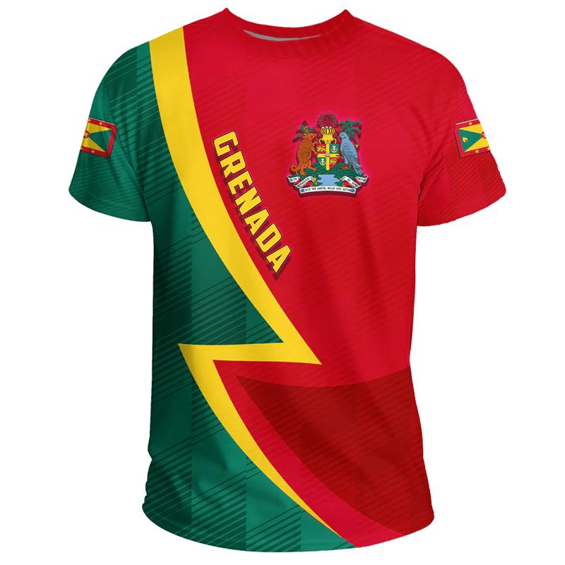 Grenada Flagge Karte 3D Druck T-Shirt Grenada Wappen Grafik Kurzarm T-Shirts Vintage Unisex T-Shirts Herrenbekleidung