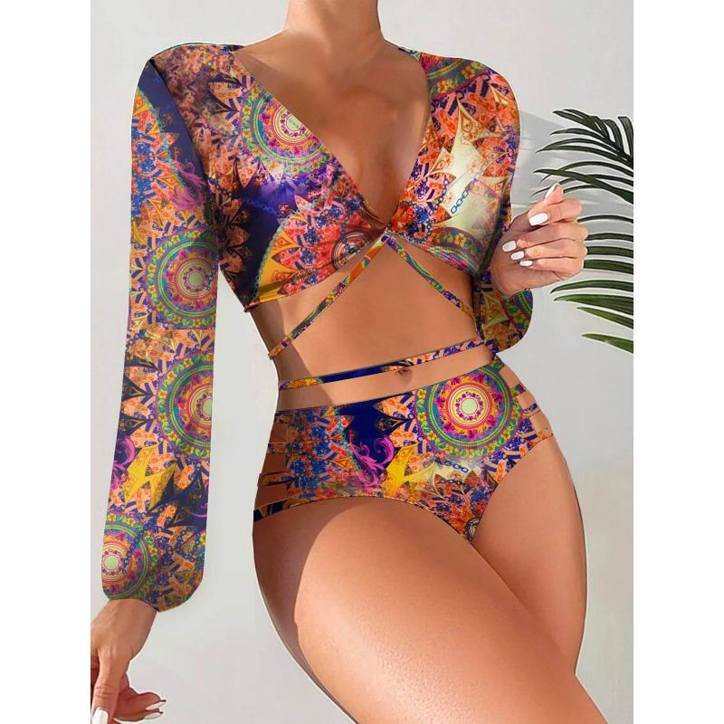 

Long Sleeve Wrap Around Strappy Deep V Bikini Female Swimsuit Women Swimwear Two-piece Bikini set Bather Bathing Suit Swim V4197 S