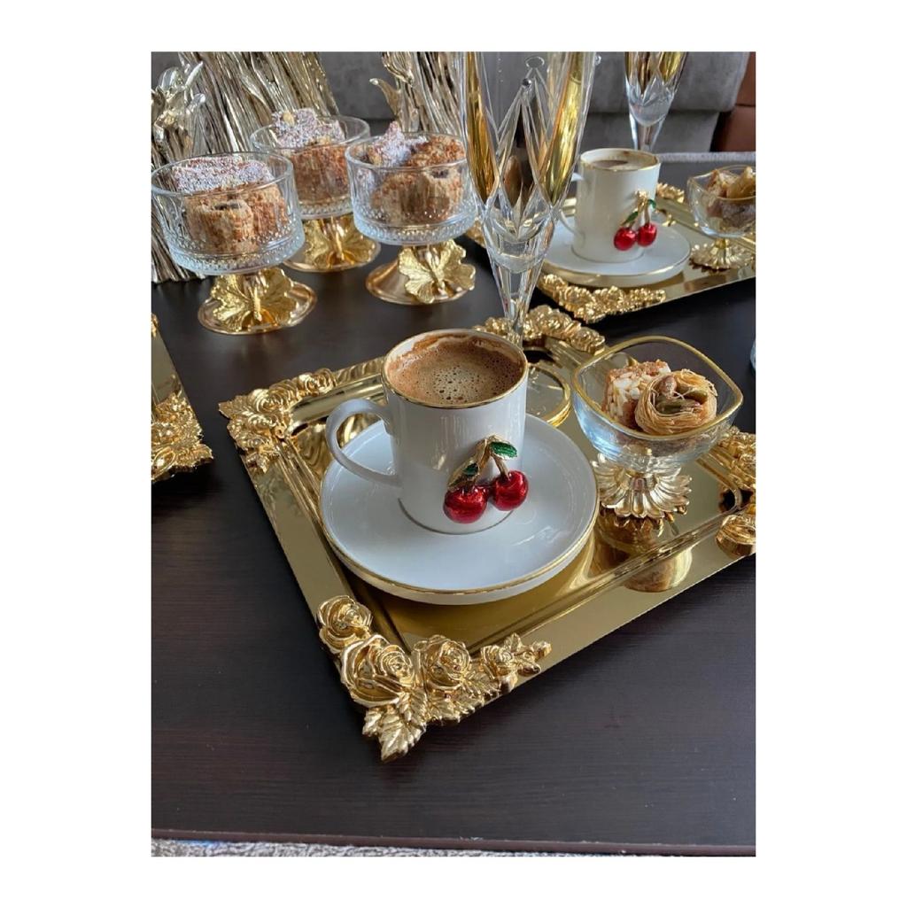Silver Gold Detailed 18/10 Steel Coffee Presentation Tray 1 Piece