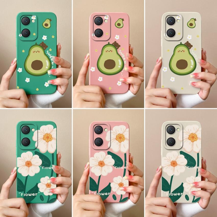 For Vivo Y03t Y02t iQOO U5x Z9 Lite Y400 Pro Y18i Y18t Cute Avocado Pattern Phone Case Lens Protection Liquid Silicone Shockproof Shell For Vivo Cover