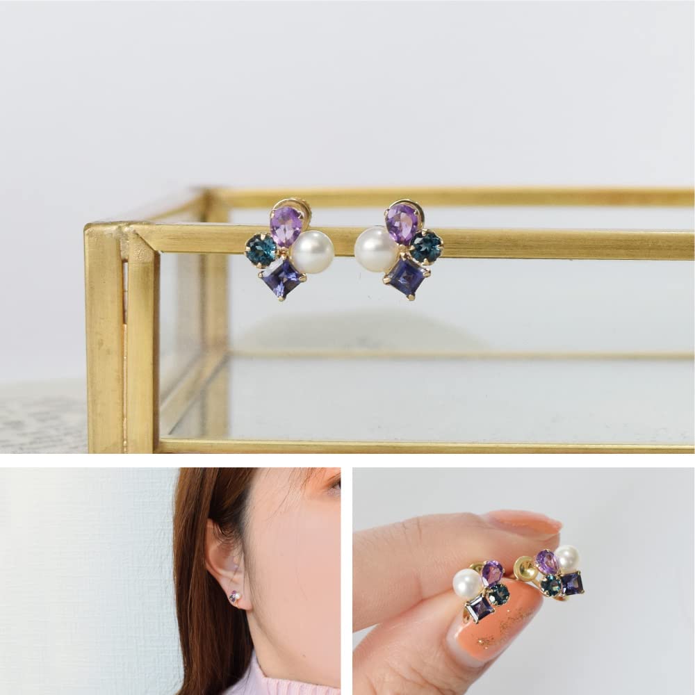 10K Gold Freshwater London Blue 10K Yellow Birthday Sa532 [Four-leaf Clover] Earrings, Pearl, Amethyst, Topaz, Iolite, Gold, K10, Women's, Present