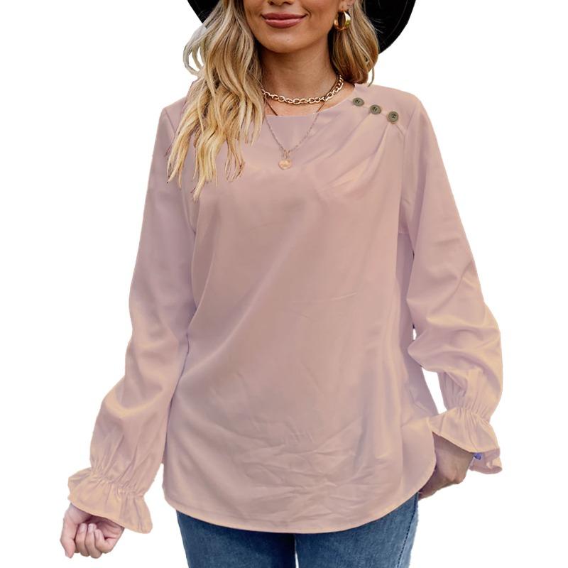 BITCED Women's Fashion Casual Solid Color Print Long Sleeve O Neck Blouses & Shirts