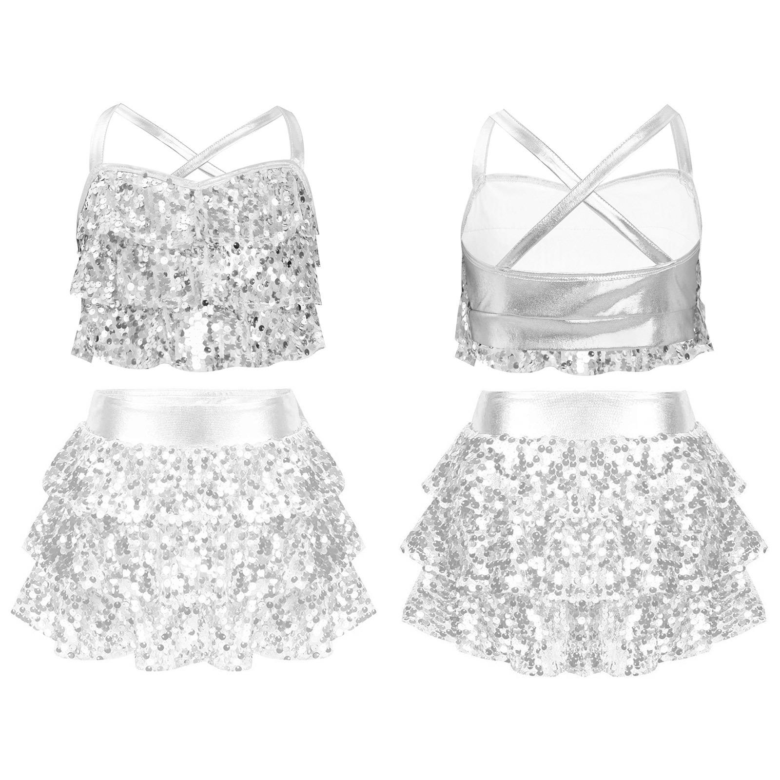 

Костюм для джазового танца с пайетками для девочки, блестящий металлический кроп-топ с многоярусным комбинезоном-юбкой, школьный костюм для баскетбольной группы поддержки 5-6 Years серебряный