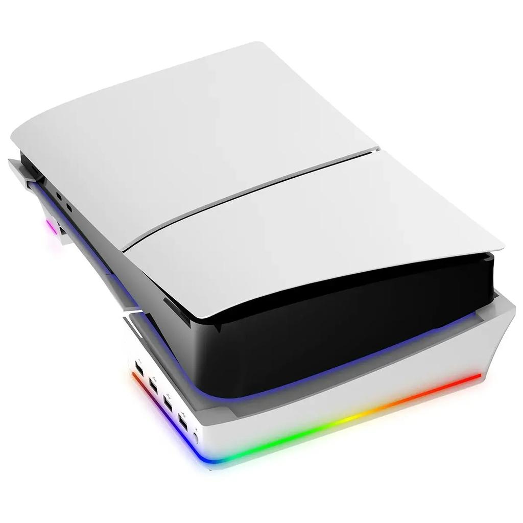 Supporto Orizzontale con Luce LED RGB per Console PS5 Slim, Supporto Accessori con 14 Modalità di Luce e Porte USB a 4 Porte