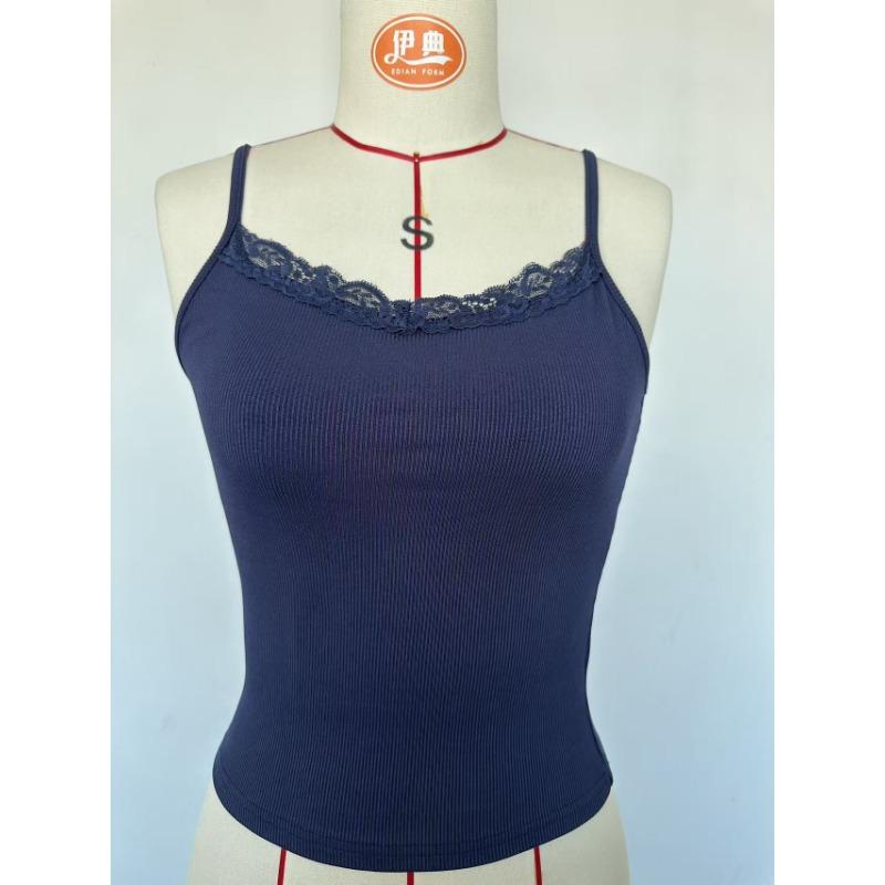 Women Sexy Y2k Lace Solid Slim Cropped Ribbed Camisole Tank Top