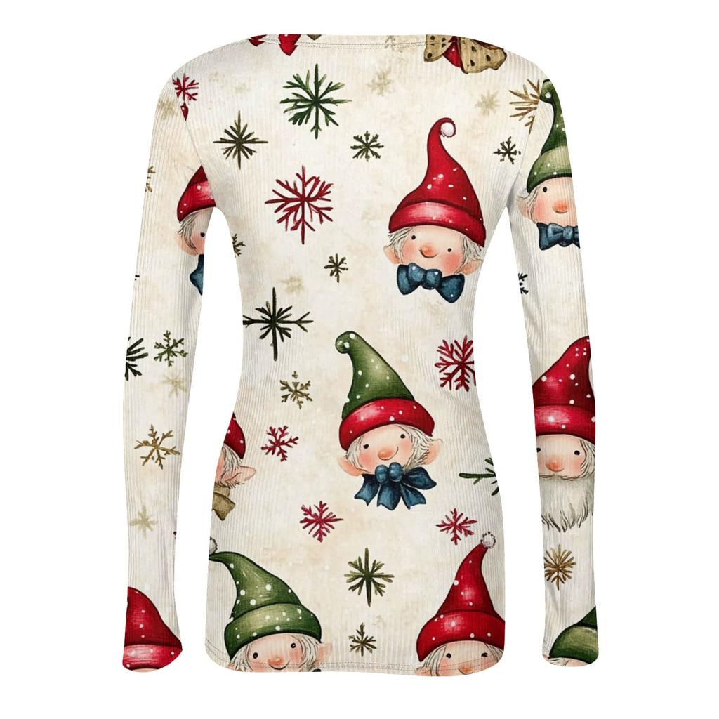 Women's Fashion Slim Bottom Casual Long Sleeve Christmas Printed Pullover U Neck Top