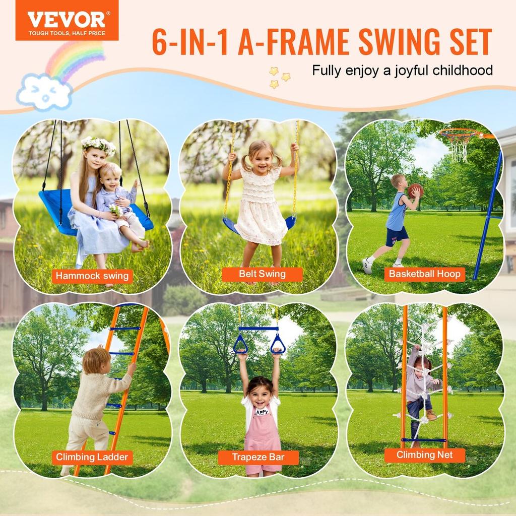 Swing Sets for Backyard 6 in 1 Swing Set 440lbs Capacity Metal Swingset