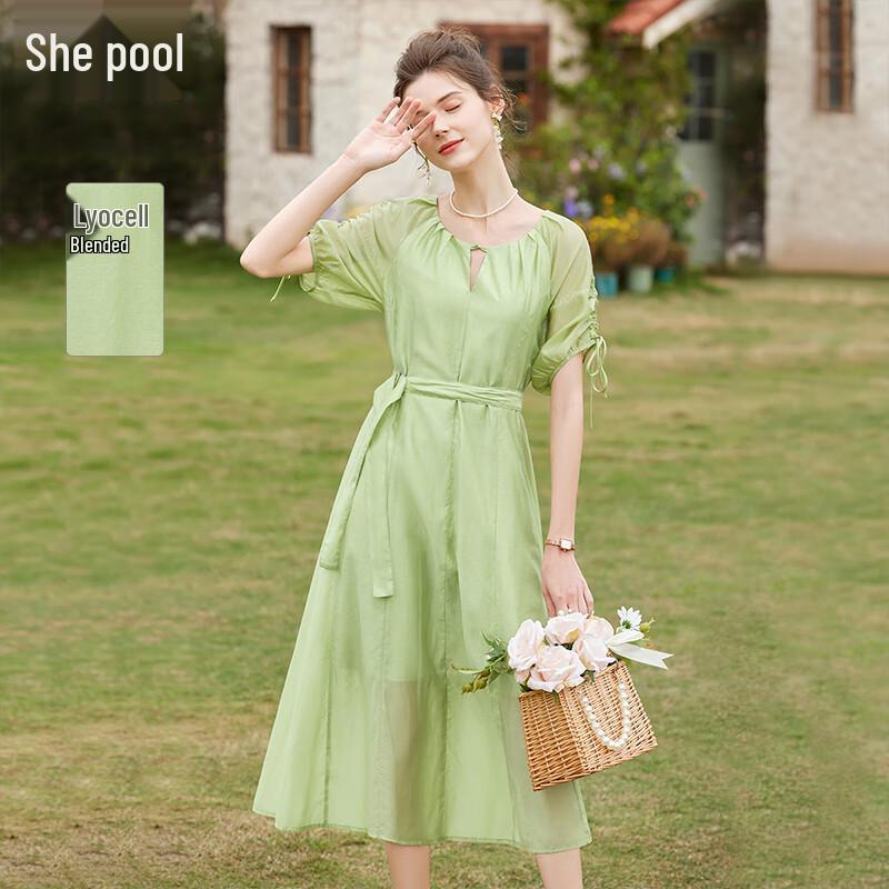 

Tachi 2025 S/S Women s Elegant Drawstring Tie-Waist Midi Dress L