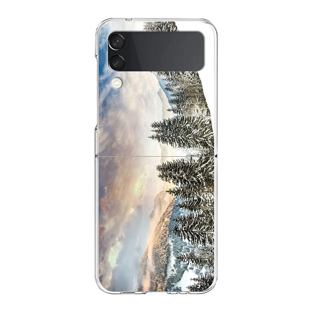Winter Nature Snow Travel Art Phone Case For Samsung Galaxy Z Flip 3 4 5 Hard Folding PC Shell For Samsung Z Flip3 Clear Cover
