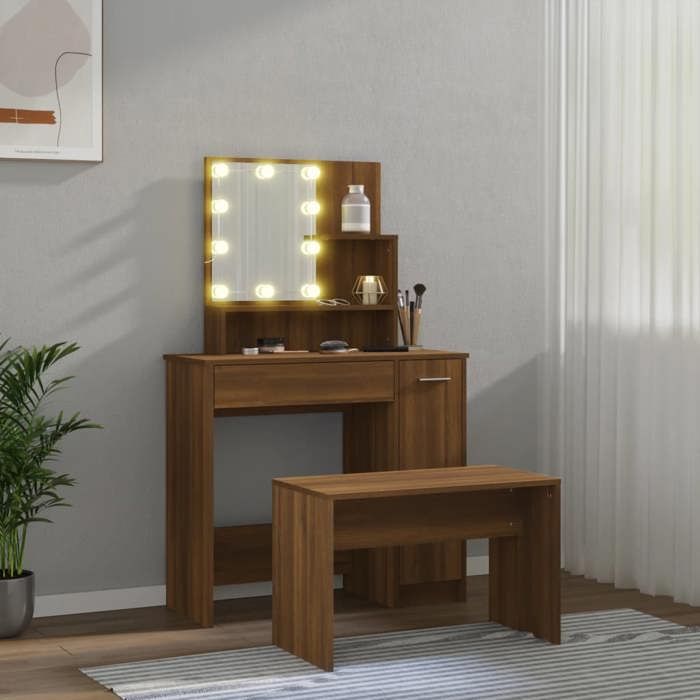 VidaXL Vanity Set with LED Cosmetic Table Makeup Dressing Table Jewelry Table Bedroom Brown Oak 3114122