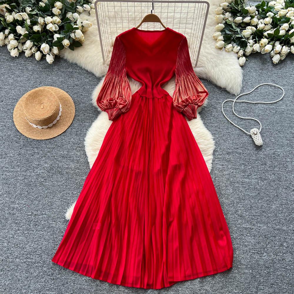 Celebrity Court Style Bubble Sleeve Dress Women's Autumn Fringed Design Sense Light Familiar Imperial Sister Temperament Big Pendulum Long Skirt