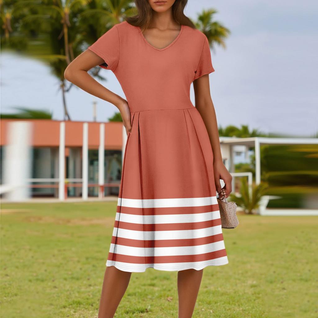 Women's Summer Fashion Casual Striped Printed V-Neck Short Sleeve Dress With Pockets