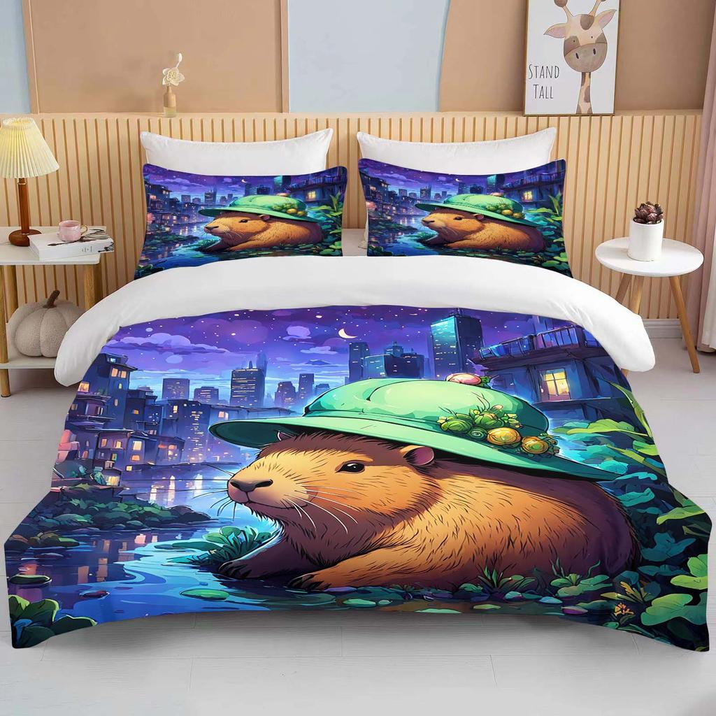 Funny Capybara Printed Bedding Set 1 Quilt Cover 2 Pillowcases Surprise Bedding For Boys And Girls Multiple Sizes Fast Shipping