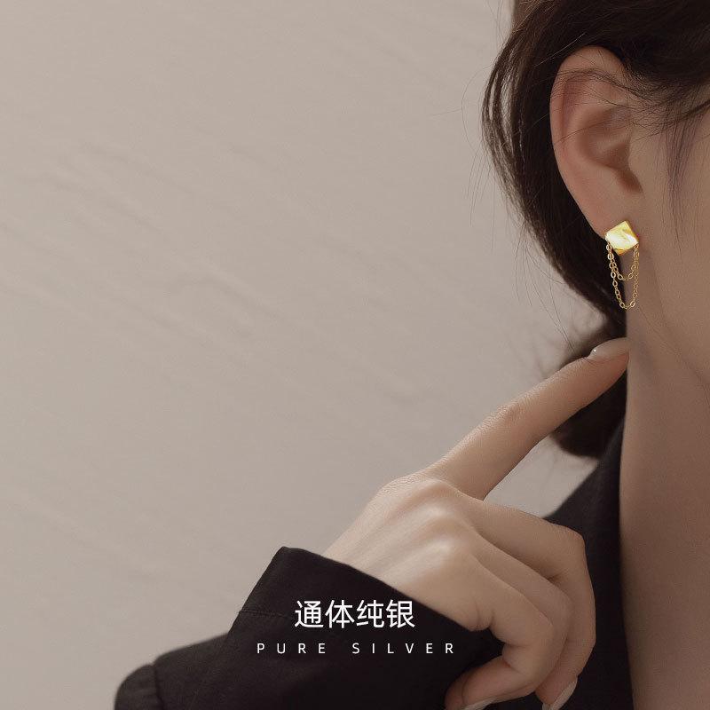 Fashion Jewelry 925 Sterling Silver Square Shape Chain Tassel Gold Plated Stud Earrings for Women