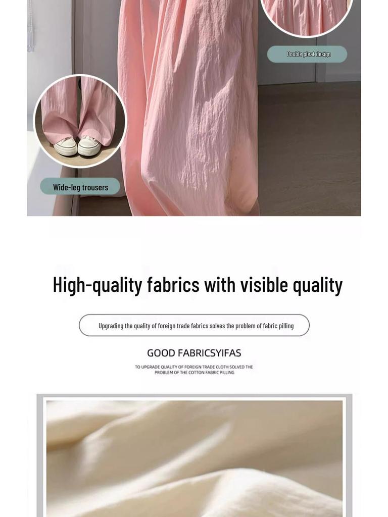 Women's Summer Pink Ice Silk Wide-Leg High-Waist Pants - Petite 145