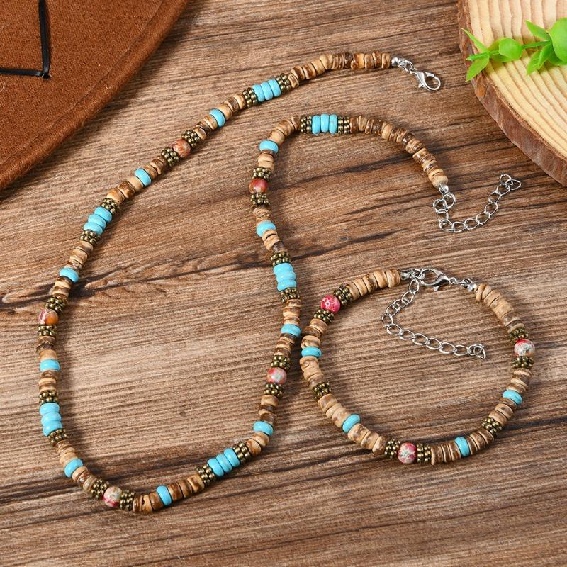 New Coconut Shell Turquoise Beaded Elastic Line Men's Bracelet Necklace