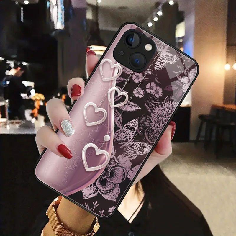 Carcasă Telefon din Sticlă Călită cu Model Inimă și Fluture Pentru iPhone 11 12 13 14 15 16 17 Pro Max 17Air 16E 7 8 Plus XR XS X
