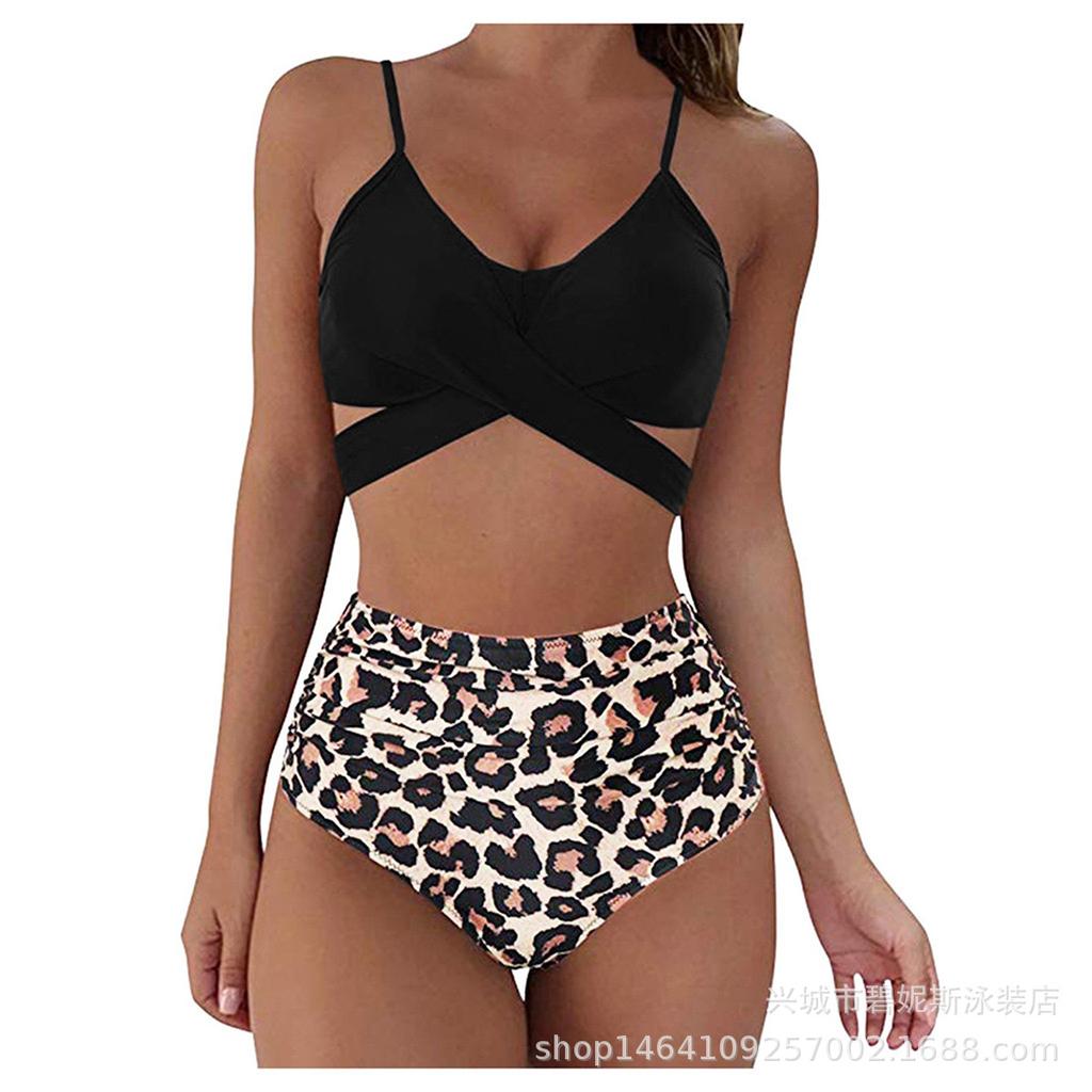 High Waist Leopard Cross Design Sexy Two Piece Bikini Swimsuit Trendy For Beach Holiday