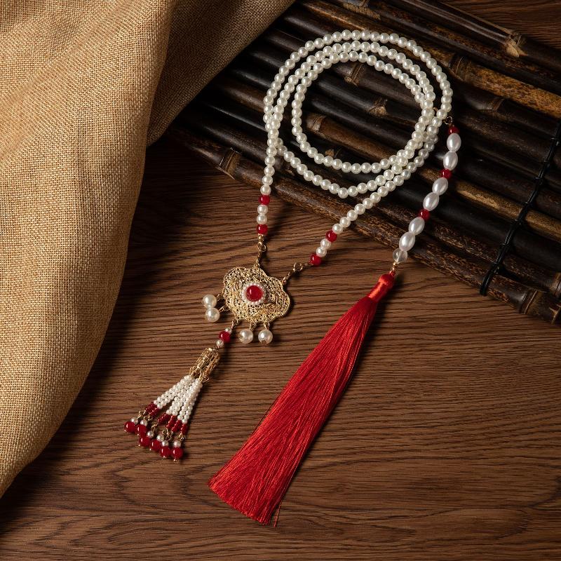 {Summer2} Hanfu Tassels Necklace Long Chain Vintage Chinese Necklace Tang Ming Dynasty Hanfu Pendant Necklace For Women Girl