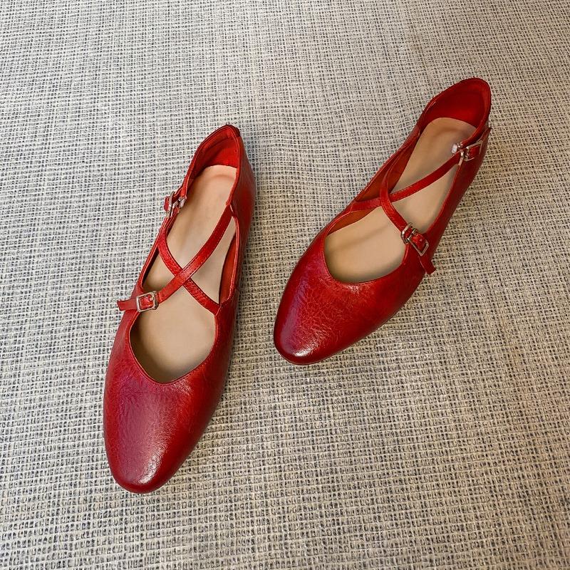 Washed cowhide~ Red ballet shoes retro leather cross-strap Mary Jane shoes women's round head shallow mouth flat-soled single shoes