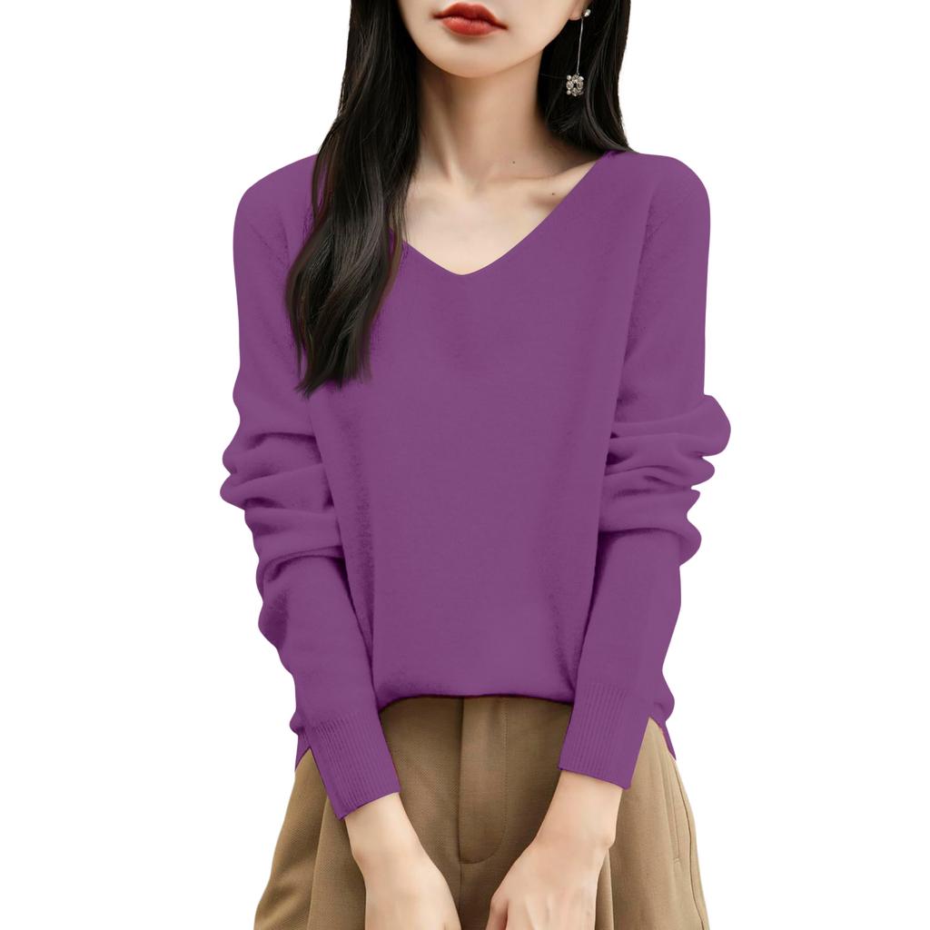 Women's Fashion Flat-Knit V-Neck Pullover Sweater Solid Color Long-Sleeve Top