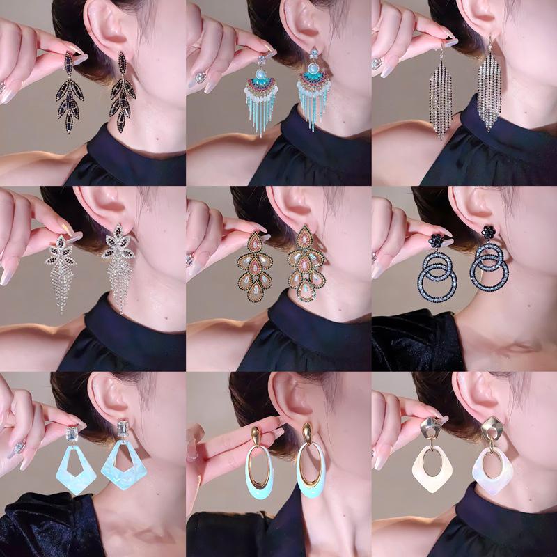 2025 Diamond Geometric Flower Tassel Earrings – Korean Cold Style, Light Luxury for Women