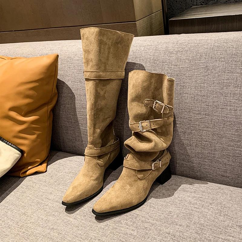 Fashion 2025 New Ladies Shoes Slip-on Women's Boots Fashion Belt Buckle Modern Boots Women Sexy Pointed Toe Best Seller Knee-High Boots