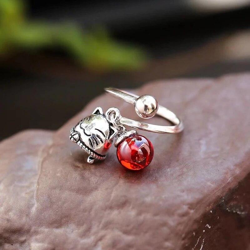Japansk og koreansk Trendy Ny Sølv Retro Lucky Cat Bell Åpning Justerbar Ring Kvinne Pekefinger Gave