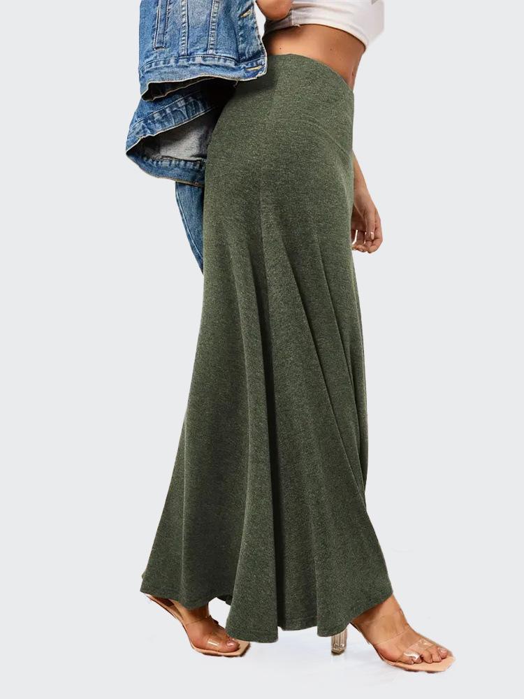 European & American Commuter A-Line Midi Skirt - Solid Color, Knit, Polyester-Cotton, Micro-Elastic, Spring/Autumn Wear