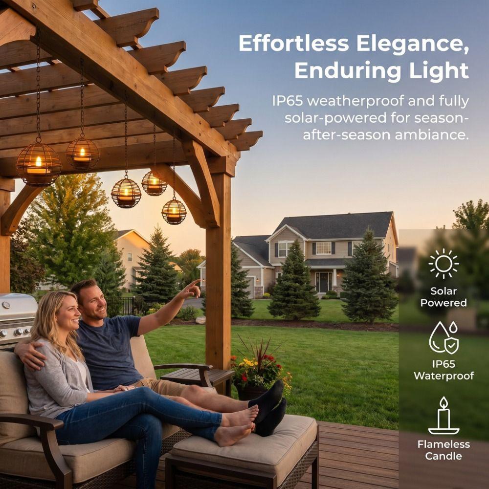 Flickering Lights Solar Hanging Lanterns Rust Iron Material Ball Cage Design Rust Iron Ball Candle Holder Solar Powered