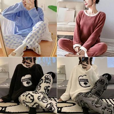 Thickened Warm Flannel Large Size Women Pajamas Set Long-Sleeved Autumn and Winter Warm Cartoon Bear Coral Velvet Sleepwear