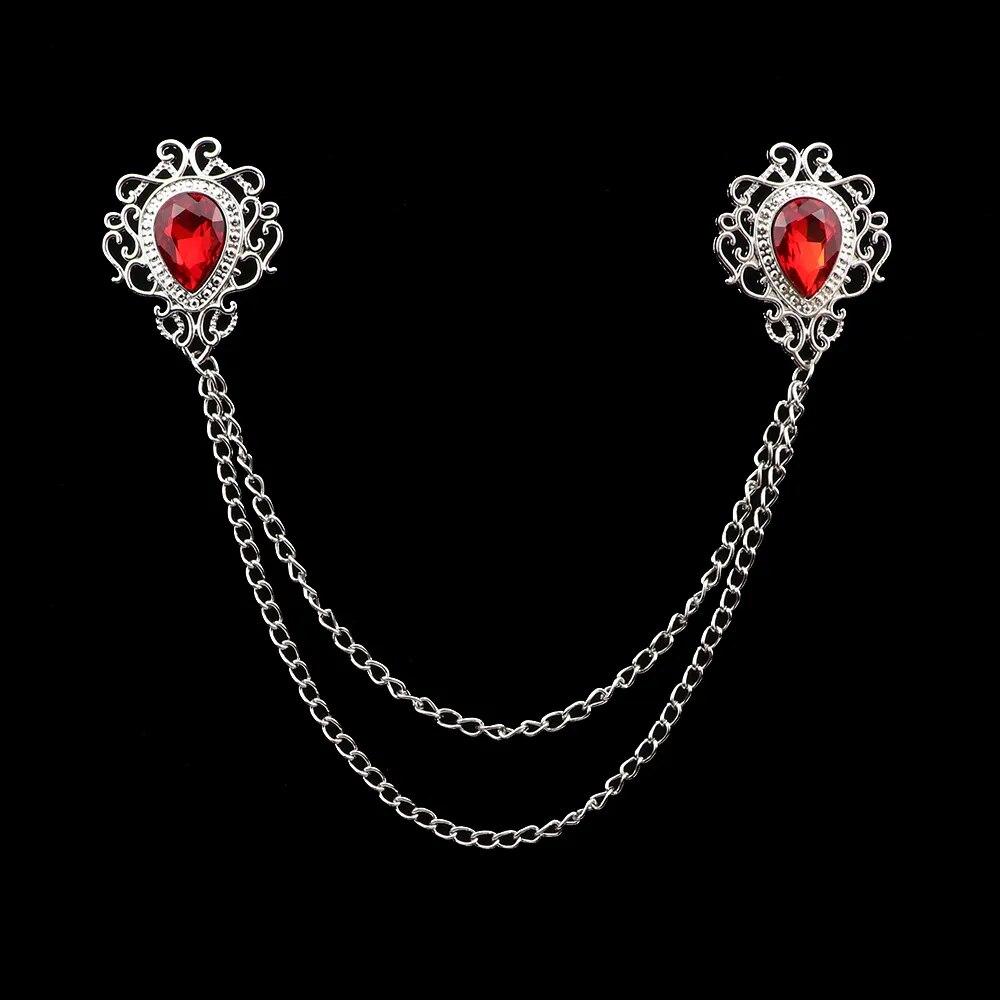 Retro Crystal Rhinestone Brooch, Suit Shirt, Tassel Chain, Lapel Pin, Women Men Jewelry, Alloy, Collar Brooch Pin