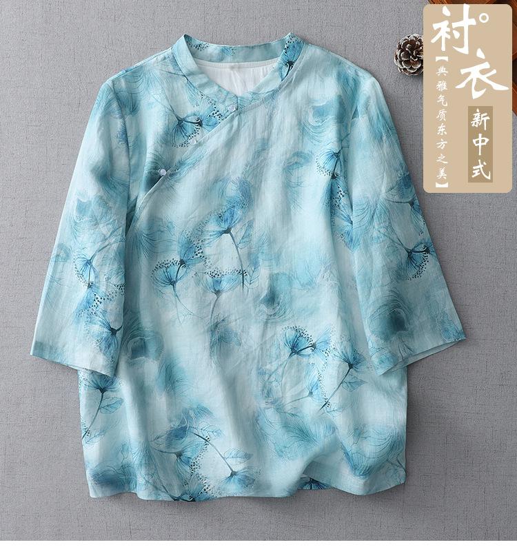 New Chinese style national style shirt summer 1116 new women's clothing stand-up collar five-quarter sleeve loose zen top women