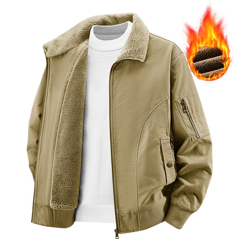 Men's Collar Cotton Jacket with Thick Velvet and Cotton Retro Workwear Jacket with Embroidery