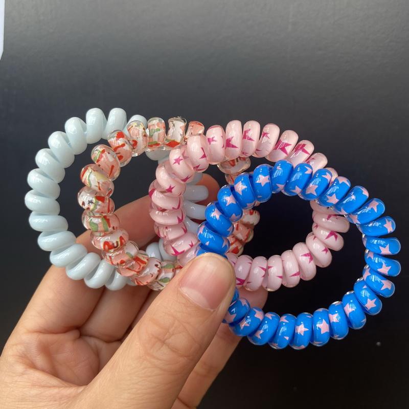 6pcs/set Women Telephone Wire Hair Bands Girls Star Printing Spiral Cord Hair Tie Elastic Scrunchies  Hair Rope Gum Accessories