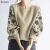 Women Print Splice Long Sleeve Loose Casual Blouse