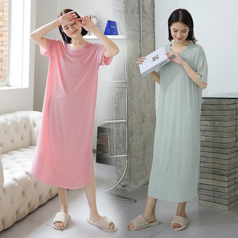 Modal Loose Nightdress Women's Summer Home Thin Casual Dress Ice Silk plus Size Slim Looking Short Sleeve Dress