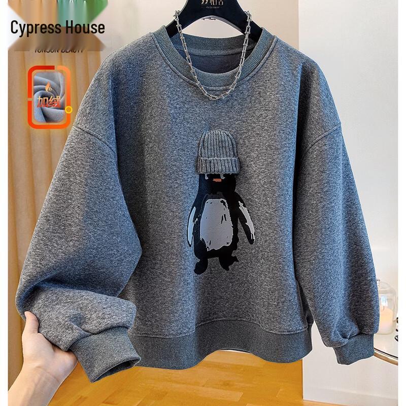 Women s Loose Fleece-Lined Round Neck Sweatshirt One Size