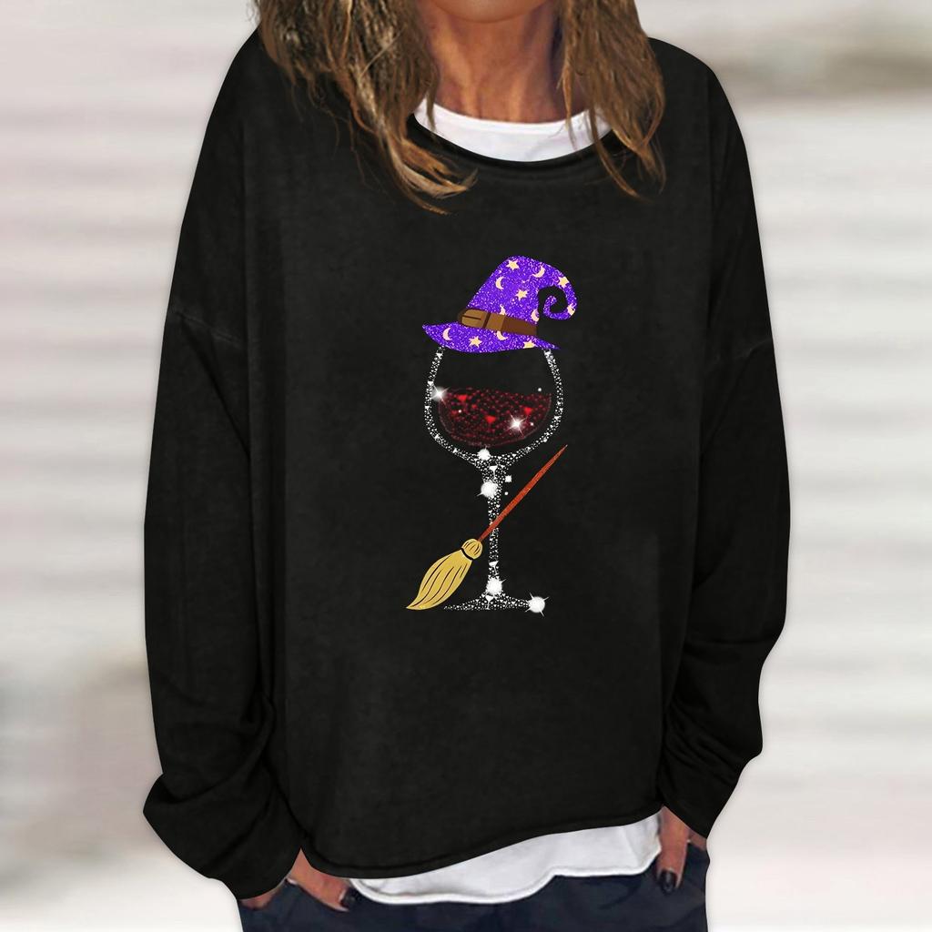 Dam Casual Mode Vintage Tryckt Långärmad O-Hals Sweatshirt Lager Pullover Topp