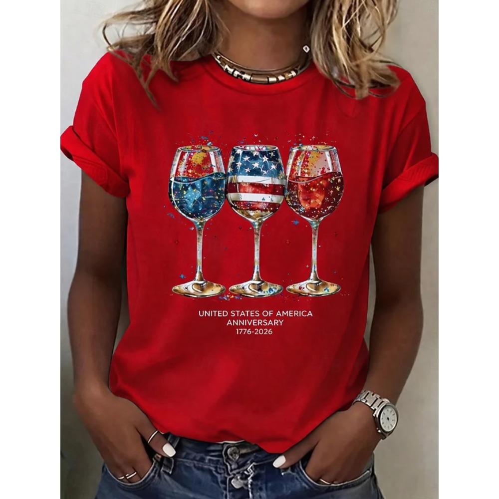 Fashion Women Retro Creative American Wine Glass Print T Shirt Funny Casual O-neck Short Sleeves T-shirt Summer Female Tee Shirt