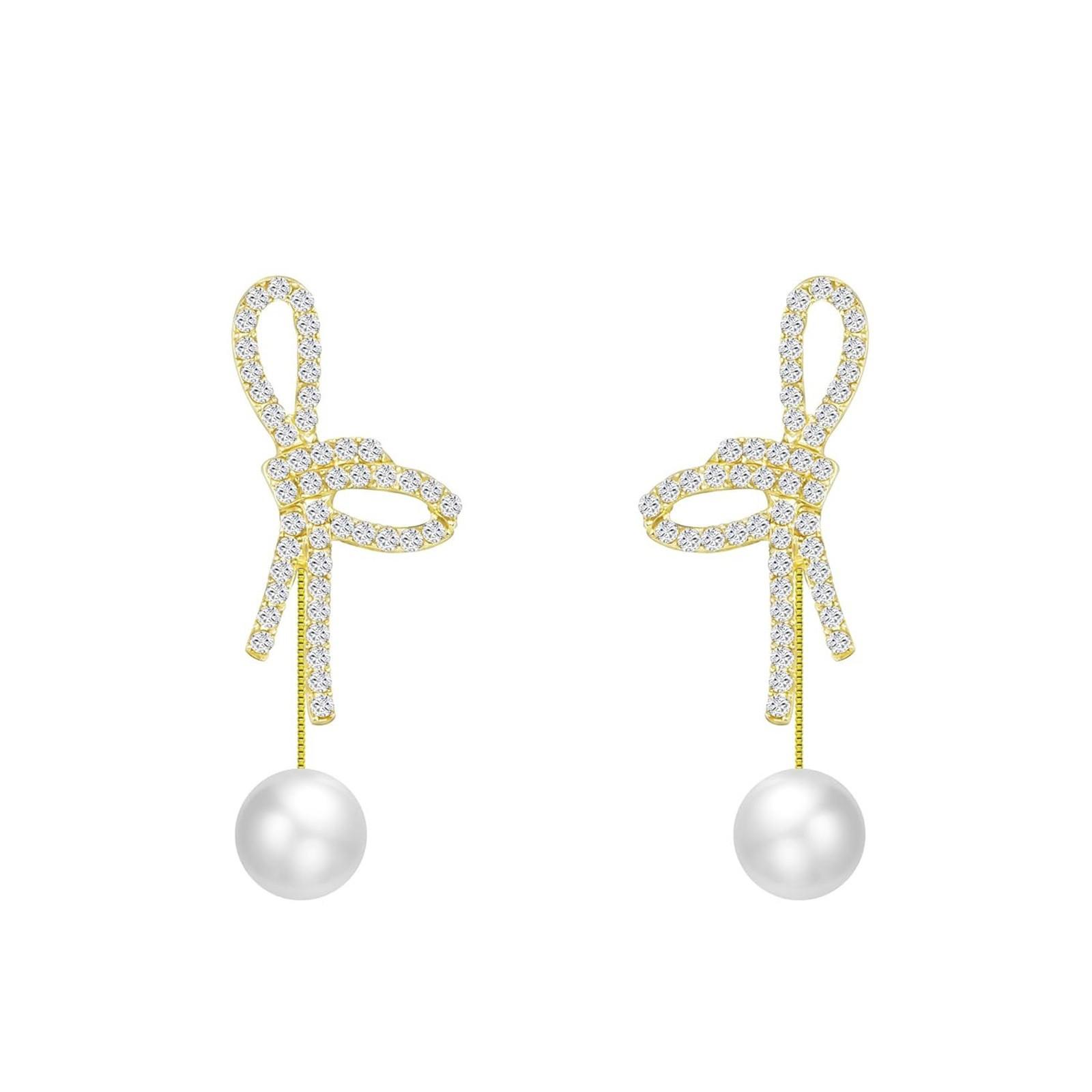 Women Gold Pearl Bow Earrings Crystal Drop Earrings One Size белый