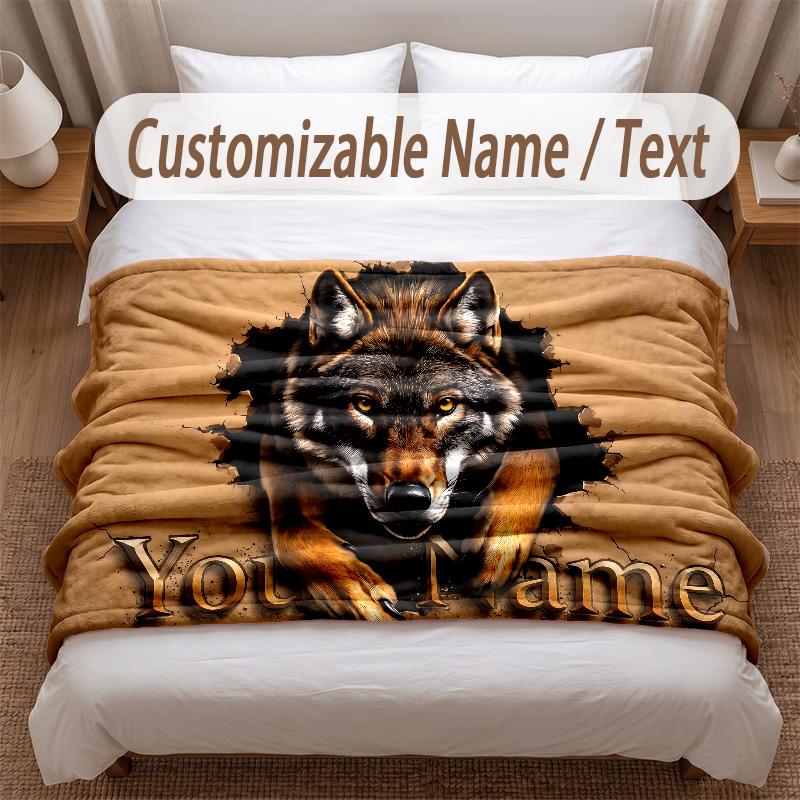 Wolf Theme Soft Blanket Personalized Custom Name Text Print Warm Blanket Home Sofa Bedroom Decor