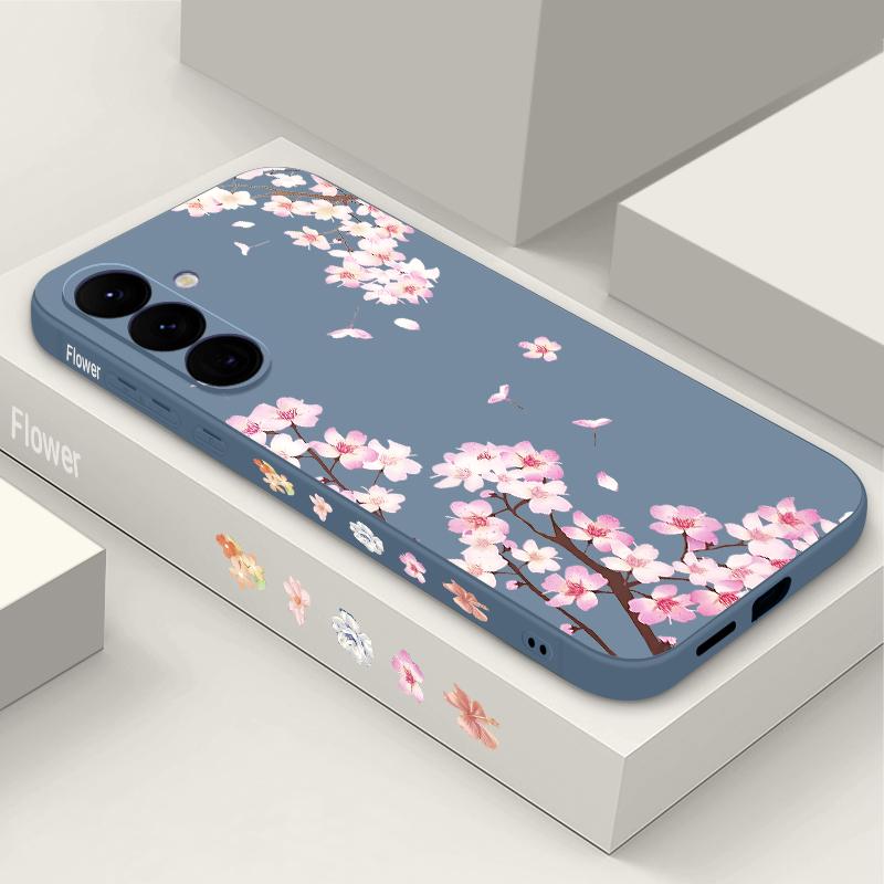 Peach Blossom Patterned Silicone Phone Case For Samsung Galaxy A17 A56 A36 A55 A16 A15 5G A35 A54 A26 A14 Soft TPU Lanyard Cover