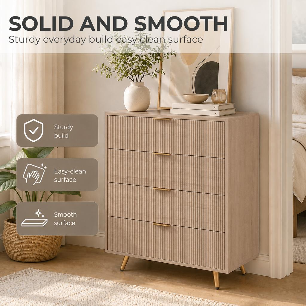 Bedroom Chest of Drawers Fluted Dresser Gold-Tone Handles Natural