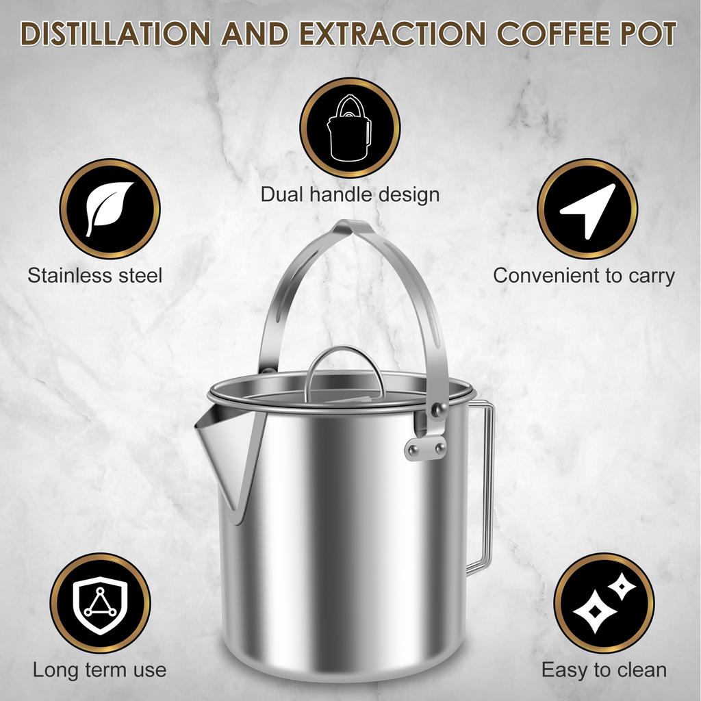 Camping Kessel Edelstahl Kaffeekanne mit Deckel Große Kapazität Tragbarer Herd Teekessel für Camping Picknick Rucksackreisen